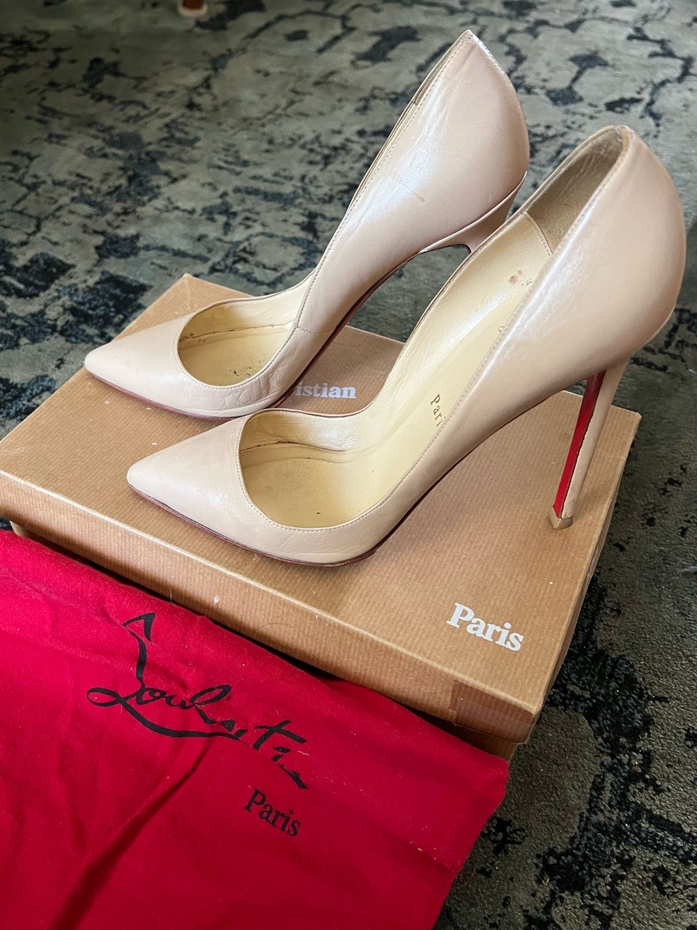 AUTH Christian Louboutin Original Pigalle 120, Nude Calf Leather SZ 38.5